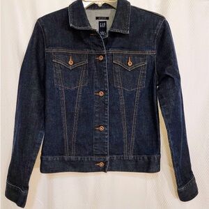 Y2K Women’s GAP Blue Indigo Jean Stretch Dark Denim Trucker Jacket L Holiday 01